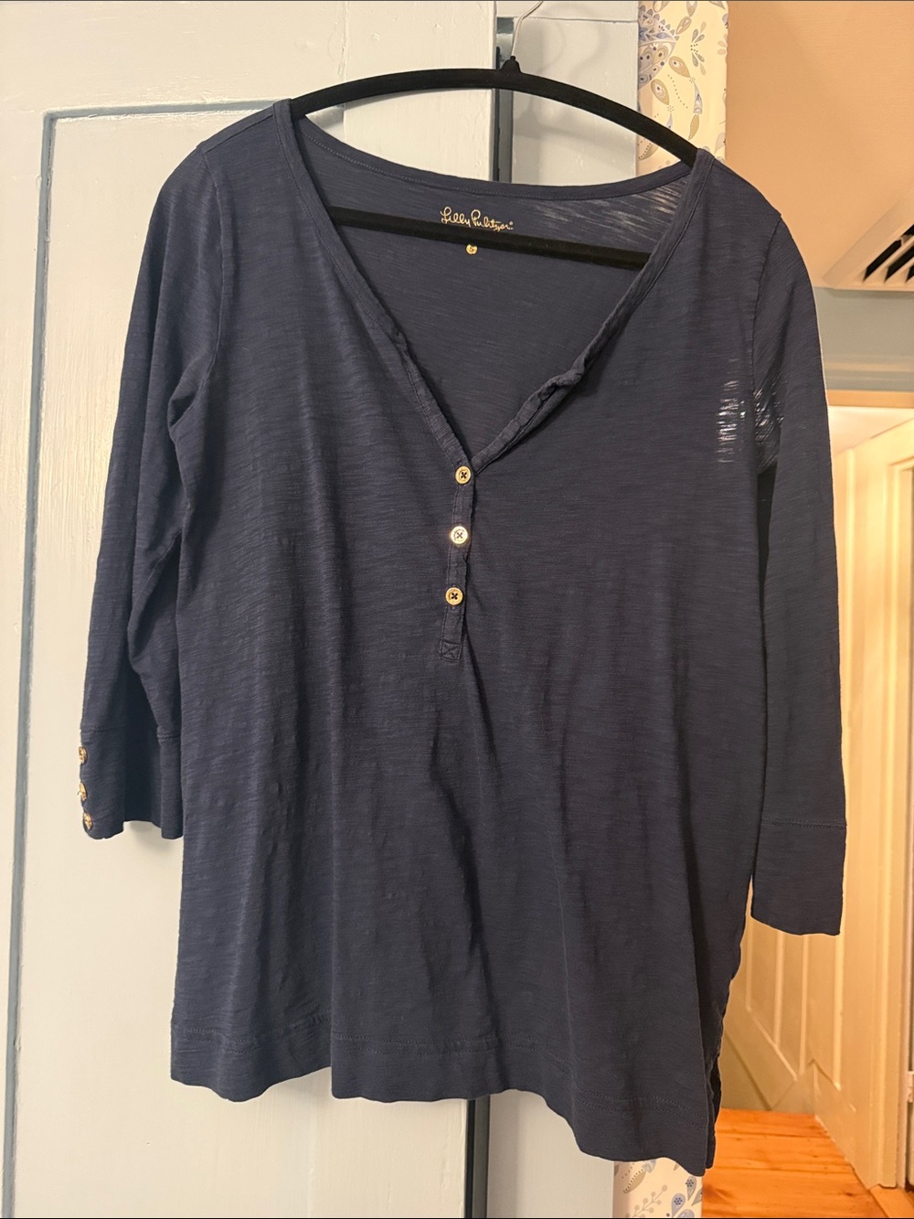 Lilly Pulitzer Navy Button-Front Long Sleeve Henley Top